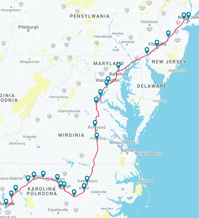 Mapa trasy pociągu Carolinian