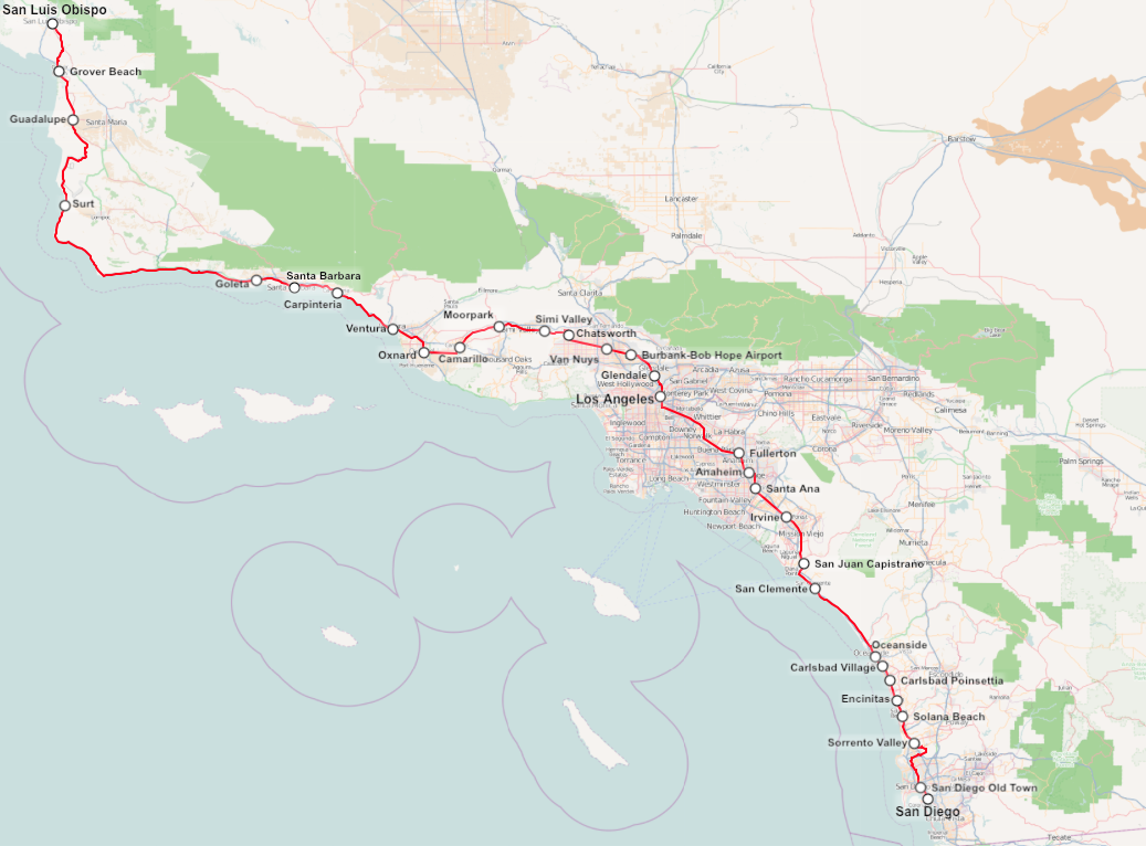 Mapa trasy Pacific Surfliner Mapa trasy Pacific Surfliner (wikimedia.com, jkan997, CC SA 3.0 Unported)